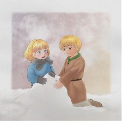 Rule 34 | 2boys, blonde hair, blue eyes, brown eyes, canute, child, closed mouth, framed, gloves, highres, hikwv, kneeling, male focus, multiple boys, open mouth, outdoors, playing, prince, scarf, short hair, smile, snow, snowing, teeth, thorfinn, viking, vinland saga, winter clothes