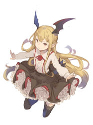 Rule 34 | 10s, 1girl, bad id, bad pixiv id, bat wings, black skirt, black thighhighs, blonde hair, commentary request, cropped legs, flower, frilled skirt, frills, granblue fantasy, hanarito, head wings, long hair, long sleeves, orange eyes, outstretched arms, pointy ears, red flower, red rose, rose, shingeki no bahamut, shirt, simple background, skirt, solo, thighhighs, vampire, vampy, white background, white shirt, wings, zettai ryouiki