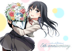 Rule 34 | 1girl, :d, anniversary, asashio (kancolle), bad id, bad pixiv id, belt, belt buckle, black dress, black hair, black pantyhose, blue eyes, blue flower, blue rose, blush, bouquet, buckle, cowboy shot, dress, flower, holding, holding bouquet, jacket, kantai collection, leaf, long hair, long sleeves, looking at viewer, neck ribbon, open mouth, pantyhose, pink flower, pink rose, rakisuto, red flower, red ribbon, red rose, ribbon, rose, round teeth, smile, solo, standing, teeth, white flower, white jacket, white rose, yellow flower, yellow rose