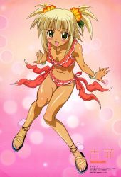 Rule 34 | 00s, 1girl, absurdres, anklet, arm support, bikini, blonde hair, blush stickers, bracelet, breasts, cleavage, dark-skinned female, dark skin, fang, feet, female focus, flower, frilled bikini, frills, from above, full body, green eyes, hair flower, hair ornament, hibiscus, highres, jewelry, kufei, legs, looking at viewer, looking up, mahou sensei negima!, megami magazine, nail polish, navel, non-web source, official art, ookaji hiroyuki, pom pom (clothes), red bikini, sandals, scan, short hair, short twintails, side-tie bikini bottom, sitting, small breasts, solo, swimsuit, toenail polish, toenails, toes, twintails, two side up, volume81