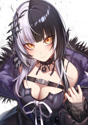 Rule 34 | 1girl, absurdres, black hair, blush, breasts, choker, cleavage, dress, erezu, fur trim, grey hair, hair ornament, highres, hololive, hololive english, jacket, large breasts, long hair, looking at viewer, multicolored hair, off shoulder, shiori novella, shiori novella (1st costume), simple background, smile, solo, split-color hair, two-tone hair, upper body, virtual youtuber, white background, white hair, yellow eyes, yorick (shiori novella)