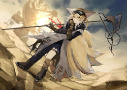 Rule 34 | 1girl, absurdres, animal ears, arknights, asymmetrical legwear, backlighting, bad id, bad pixiv id, belt pouch, black footwear, black shirt, blonde hair, blue pants, boots, building, cloud, commentary, desert, dust cloud, dutch angle, female focus, fox ears, fox girl, fox tail, full body, goggles, goggles on head, gradient hair, green eyes, grey cloak, hands up, highres, holding, holding staff, kitsune, kyuubi, large tail, looking at viewer, matsuzaka (matsuzakagyu 29), multicolored hair, multiple tails, official alternate costume, outdoors, pants, parted lips, pouch, red ribbon, ribbon, rock, satellite dish, shadow, shirt, solo, staff, standing, suzuran (arknights), suzuran (lostlands flowering) (arknights), tail, thigh strap, white hair
