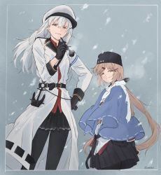 Rule 34 | 2girls, belt, black gloves, black ribbon, black skirt, blue cloak, brown eyes, cloak, closed mouth, coat, commentary request, fur hat, gangut (kancolle), gloves, hair between eyes, hair ornament, hair ribbon, hairclip, hat, highres, holding, holding smoking pipe, kantai collection, kokko (014kko), long hair, looking at viewer, low twintails, multiple girls, pantyhose, papakha, pleated skirt, red shirt, ribbon, scar, scar on face, scarf, shirt, simple background, skirt, smoke, smoking pipe, snowing, star (symbol), tashkent (kancolle), torn clothes, torn scarf, twintails, twitter username, white coat, white hair, white scarf