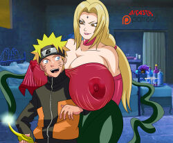 Rule 34 | 1boy, 1girl, age difference, blonde hair, blue eyes, breasts, cleavage, dicasty, genie, genie lamp, highres, huge breasts, mature female, naruto, naruto (series), naruto shippuuden, patreon, red hair, see-through, see-through shirt, source request, tsunade (naruto), uzumaki naruto, yellow eyes