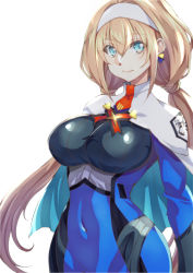 Rule 34 | 1girl, blue eyes, blue jacket, breasts, capelet, covered navel, earrings, hair behind ear, hairband, highres, jacket, jewelry, large breasts, low twintails, military, military uniform, mitsuba greyvalley, smile, solo, super robot wars, super robot wars 30, triangle earrings, twintails, uniform, white background, white capelet, white hairband, wochi