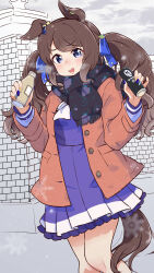 Rule 34 | 1girl, absurdres, animal ears, black scarf, blush, bottle, bow, brown coat, brown hair, can, canned coffee, coat, cowboy shot, drink can, ear ornament, ear piercing, highres, holding, holding bottle, holding can, horse ears, horse girl, horse tail, long sleeves, looking at viewer, open clothes, open coat, open mouth, outdoors, piercing, purple eyes, purple shirt, purple skirt, scarf, school uniform, shirt, skirt, smile, snowflakes, solo, tail, tosen jordan (umamusume), tracen school uniform, twintails, umamusume, visible air, white bow, winter, winter clothes, winter coat, yakatamichi