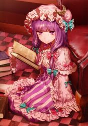 Rule 34 | 1girl, book, capelet, checkered floor, crescent, dress, embellished costume, hair ribbon, hat, kikugetsu, long hair, long sleeves, looking at viewer, mob cap, open book, patchouli knowledge, purple eyes, purple hair, ribbon, sitting, smile, solo, striped clothes, striped dress, touhou, tress ribbon, wide sleeves