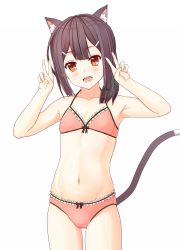 Rule 34 | 1girl, animal ears, armpits, bad id, bad pixiv id, blush, bra, brown eyes, brown hair, cat ears, cat tail, collarbone, cowboy shot, double bun, double v, fate/kaleid liner prisma illya, fate (series), flat chest, frilled bra, frilled panties, frills, hair bun, hair ornament, hairclip, highres, looking at viewer, miyu edelfelt, panties, pink bra, pink panties, piza rokumai, short hair, simple background, solo, standing, tail, thigh gap, underwear, underwear only, v, white background
