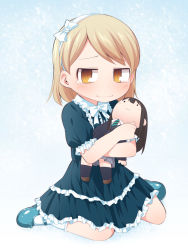 Rule 34 | . ., 1girl, @ @, aged down, bad id, bad pixiv id, black hair, blue dress, blue footwear, blush, bobby socks, bow, brown eyes, character doll, closed mouth, dress, hair bow, hairband, idolmaster, idolmaster cinderella girls, light brown hair, long hair, looking at viewer, mary janes, morikubo nono, hugging object, ominaeshi (takenoko), puffy short sleeves, puffy sleeves, shibuya rin, shoes, short sleeves, sitting, socks, solo, tears, uccow, wariza, white bow, white hairband, white socks