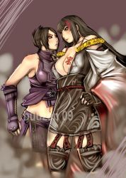Rule 34 | 2girls, acquire, armor, ayame, ayame (tenchuu), bare shoulders, black hair, blush, breast tattoo, breasts, buuzen, clothes around waist, crop top, detached sleeves, eye contact, faceoff, fingerless gloves, folded ponytail, from software, gloves, huge breasts, japanese armor, kote, large breasts, long hair, looking at another, multiple girls, ninja, rinshi, rinshi (tenchuu), short ponytail, sideboob, smoke, tattoo, tenchu, tenchuu, thighhighs, wide sleeves, yuri