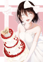 Rule 34 | bare shoulders, black hair, bow, cake, dress, elbow gloves, english text, closed eyes, flower, food, gloves, hair bow, heart, jewelry, kentaurosu, necklace, original, rose, smile, solo