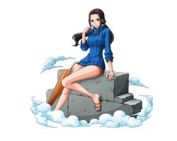 Rule 34 | 1girl, black hair, blue eyes, blue sweater, bodskih, closed umbrella, floating hair, long hair, looking at viewer, nico robin, one piece, one piece film: z, one piece treasure cruise, orange umbrella, sandals, sitting, smile, solo, sweater, transparent background, twintails, umbrella, very long hair