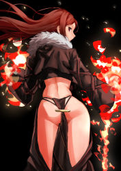 Rule 34 | 1girl, ass, black background, brown hair, closed mouth, eric ueda, fate/grand order, fate (series), fire, fire, fur trim, highres, long hair, looking back, red eyes, simple background, skindentation, sleeves past wrists, solo, yu mei-ren (fate)