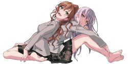 Rule 34 | 2girls, absurdres, back-to-back, bang dream!, barefoot, blazer, breasts, brown hair, brown skirt, commentary, from side, full body, green eyes, grey jacket, hair between eyes, hand on own arm, hand on own leg, haneoka school uniform, highres, imai lisa, jacket, knees up, leaning back, leaning on person, long hair, long sleeves, looking at viewer, looking to the side, medium breasts, minato yukina, miniskirt, multiple girls, nobusawa osamu, open mouth, parted lips, plaid, plaid skirt, pleated skirt, ponytail, school uniform, sidelocks, silver hair, simple background, sitting, skirt, smile, wariza, wavy hair, white background, yellow eyes