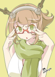 Rule 34 | 10s, 1girl, adjusting eyewear, bespectacled, brown hair, close-up, glasses, green eyes, headgear, highres, imu sanjo, kantai collection, looking at viewer, mutsu (kancolle), open mouth, scarf, short hair, solo