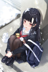 Rule 34 | 1girl, bag, black footwear, black hair, black serafuku, black shirt, black skirt, blush, brown pantyhose, can, canned coffee, commentary request, drink can, hair ornament, highres, hugging own legs, loafers, long hair, looking at viewer, macciatto (aciel02), neckerchief, original, pantyhose, parted lips, pleated skirt, red eyes, red neckerchief, sailor collar, school bag, school uniform, serafuku, shirt, shoes, sitting, skirt, snow, snow on head, snowing, snowman, solo, tears, very long hair, wavy mouth, white sailor collar, winter