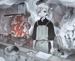 Rule 34 | 1boy, apron, black eyes, black skirt, bowl, dungeon meshi, fire, frying pan, gapamopa, grey hair, highres, kettle, kitchen, ladle, mithrun, noodle strainer, one eye closed, short hair, skirt, smoke, solo, steam, stove, strainer, tagme, white apron