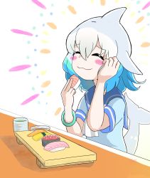 Rule 34 | 1girl, :3, ^ ^, blowhole, blue dress, blue hair, blush, bracelet, cetacean tail, closed eyes, common bottlenose dolphin (kemono friends), cup, dolphin girl, dorsal fin, dress, eating, fins, fish tail, food, head fins, highres, jewelry, kemono friends, light blue hair, multicolored hair, sailor collar, sailor dress, solo, soy sauce, sushi, tail, fish tail, tea, teacup, tuffy kambly, white background, white hair