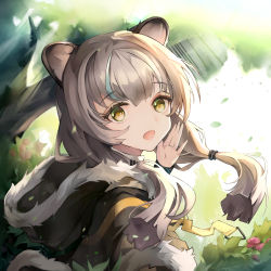 Rule 34 | 1girl, animal ears, arknights, black capelet, blue hair, brown eyes, brown hair, capelet, commentary request, day, fur-trimmed capelet, fur-trimmed hood, fur trim, hand up, highres, honeyberry (arknights), hood, hood down, hooded capelet, looking at viewer, looking to the side, low twintails, multicolored hair, open mouth, outdoors, solo, streaked hair, tree, twintails, upper body, yowamushi