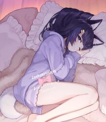 Rule 34 | absurdres, animal ear fluff, animal ears, barefoot, bed, blue eyes, commission, dog ears, dog girl, dog tail, hair ornament, hairclip, highres, jacket, long hair, lying, on side, one eye closed, original, pillow, pink jacket, pink shorts, pinkusan, short shorts, shorts, skeb commission, smile, striped clothes, striped shorts, tail, thighs, very long hair