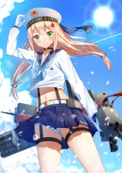 Rule 34 | 1girl, anchor symbol, arm up, belt buckle, bird, black neckwear, blonde hair, blue skirt, blue sky, blush, buckle, choker, closed mouth, cloud, collarbone, commentary request, contrail, cropped shirt, day, from below, gloves, green eyes, hair ornament, hair tie, hand on headwear, hat, highres, holding, holding weapon, ji dao ji, lens flare, long hair, long sleeves, looking at viewer, looking down, low twintails, machinery, midriff, minsk (warship girls r), navel, o-ring, o-ring choker, panties, pantyshot, pleated skirt, sailor collar, sailor hat, sailor shirt, shirt, sidelocks, signature, skirt, sky, smile, solo, standing, star (symbol), star hair ornament, striped clothes, striped panties, striped shirt, sun, sunlight, suspender skirt, suspenders, telnyashka, torpedo, turret, twintails, underwear, warship girls r, water drop, weapon, white gloves, white hat, white panties, white shirt, white skirt, wind