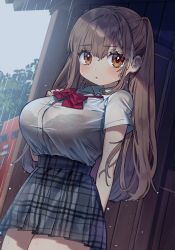 Rule 34 | 1girl, bow, bowtie, bra visible through clothes, breasts, brown eyes, brown hair, commentary request, grey skirt, highres, kodama (sakura yuki), large breasts, long hair, looking at viewer, original, plaid, plaid skirt, red bow, red bowtie, sakura yuki (clochette), school uniform, see-through, shirt, short sleeves, skirt, solo, wet, wet clothes, wet shirt, white shirt