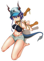 Rule 34 | 1girl, abs, absurdres, arknights, arms behind back, barefoot, baseball cap, bdsm, bikini, bikini top only, blue hair, bondage, bound, ch&#039;en (arknights), ch'en (arknights), commission, dragon horns, dragon tail, female tourist c (arknights), hat, highres, horns, navel, official alternate costume, red eyes, restrained, rope, seiza, shinebell, short shorts, shorts, simple background, sitting, solo, swimsuit, tail, water, white background