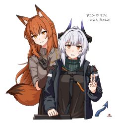 Rule 34 | 2girls, absurdres, animal ear fluff, animal ears, arknights, black gloves, black jacket, black shirt, blush, breasts, brown hair, collared shirt, dragon girl, dragon horns, dragon tail, fox ears, fox girl, fox tail, franka (arknights), gloves, green scarf, grey hair, grey shirt, hands on another&#039;s shoulders, highres, horns, jacket, liskarm (arknights), long hair, looking at viewer, medium breasts, multiple girls, open clothes, open jacket, parted lips, ponytail, scarf, shirt, sidelocks, simple background, sleeves rolled up, smile, suika aji, sweatdrop, tail, translation request, upper body, white background, yellow eyes