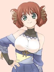 1girl ainu_clothes animal_ears aquaplus bare_shoulders blush braid breasts closed_mouth collarbone curvy green_eyes hair_between_eyes hand_on_own_hip highres large_breasts looking_at_viewer mmsyuma nosuri off_shoulder red_hair sleeveless smile solo upper_body utawarerumono utawarerumono:_itsuwari_no_kamen