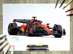 Rule 34 | 1boy, anthony-c, art tools in frame, artist name, car, charles leclerc, colored pencil, commentary, dated, driving, english commentary, ferrari, formula one, formula racer, head tilt, helmet, highres, marker (medium), motor vehicle, pencil, photo (medium), race vehicle, racecar, real life, shell (company), traditional media, vehicle focus, white background
