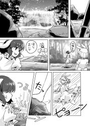 Rule 34 | animal ears, comic, greyscale, highres, inaba tewi, jumping, mana (gooney), monochrome, rabbit, rabbit ears, rabbit tail, speech bubble, tail, text focus, touhou, translation request, water, waterfall