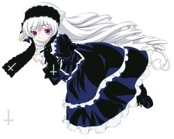 Rule 34 | cosplay, dress, full body, long hair, purple eyes, rozen maiden, silver hair, solo, suigintou, suigintou (cosplay), suiseiseki, transparent background