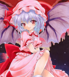 Rule 34 | 1girl, bat wings, colored pencil (medium), frilled shirt collar, frilled sleeves, frills, hat, looking at viewer, marker (medium), mob cap, puffy short sleeves, puffy sleeves, purple hair, red eyes, remilia scarlet, ren (endscape20), short hair, short sleeves, smile, solo, touhou, traditional media, wings