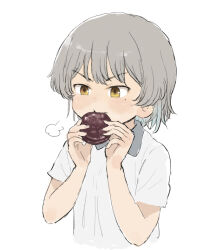 Rule 34 | 1girl, puff of air, alternate costume, asasow, blush, brown eyes, collared shirt, commentary request, cropped torso, eating, food, food request, furrowed brow, grey hair, hands up, hatoba tsugu, holding, holding food, mole, mole under eye, shirt, short sleeves, simple background, solo, tsugu (vtuber), v-shaped eyebrows, virtual youtuber, white background, white shirt