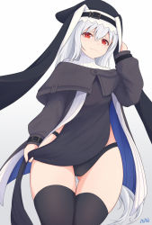 Rule 34 | 1girl, :3, arknights, artist name, bad id, bad pixiv id, black dress, black headwear, black thighhighs, breasts, capelet, coat, cowboy shot, dress, grey capelet, grey coat, grey hair, habit, hair between eyes, hand up, highres, long hair, long sleeves, looking at viewer, nni9117, nun, off shoulder, open clothes, open coat, panties, pelvic curtain, red eyes, ribbed sweater, sidelocks, small breasts, smile, solo, specter (arknights), sweater, thighhighs, thighs, turtleneck, turtleneck sweater, underwear, very long hair, white background, white sweater