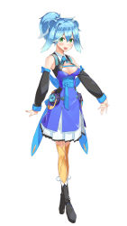 Rule 34 | 1girl, :d, absurdres, bare shoulders, black footwear, blue dress, blue hair, blush, boots, breasts, character request, cleavage, collared dress, commentary request, detached sleeves, dress, green eyes, hair between eyes, high ponytail, highres, long sleeves, medium breasts, open mouth, orange thighhighs, original, partner (kprtnr), pleated skirt, ponytail, power symbol, sidelocks, skirt, sleeveless, sleeveless dress, smile, solo, standing, thighhighs, virtual youtuber, white skirt, wing collar
