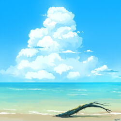 artist_name beach blue_sky cloud cumulonimbus_cloud day highres mclelun no_humans ocean original outdoors sand scenery sky water