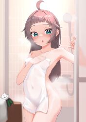 Rule 34 | 1girl, absurdres, ahoge, aqua eyes, armpits, bare shoulders, blush, brown hair, collarbone, covered navel, covering privates, flat chest, highres, hololive, long hair, naked towel, natsuiro matsuri, nude, nude cover, official alternate hairstyle, open mouth, short bangs, shower (place), solo, steam, towel, virtual youtuber, wet, yoshie eneko
