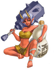 Rule 34 | alcohol, blue hair, club (weapon), colored skin, horns, kenkou cross, monster girl, monster girl encyclopedia, oni, pointy ears, red oni, red oni (monster girl encyclopedia), red skin, sake, traditional youkai, weapon, yellow eyes