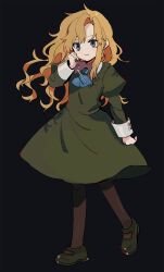 Rule 34 | 1girl, ascot, black background, black pantyhose, blonde hair, blue ascot, blue eyes, child, commentary request, dated commentary, dress, full body, green dress, green footwear, highres, holding, holding knife, ib (kouri), knife, light smile, long hair, looking at viewer, mary (ib), mayuakakun, pantyhose, solo, standing, wavy hair