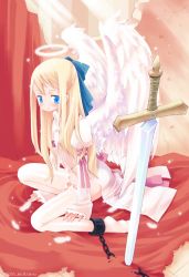 Rule 34 | 1girl, angel, angel wings, b.tarou, blonde hair, blue eyes, blush, bow, chain, cuffs, hair bow, halo, kneeling, light rays, long hair, ribbon, shackles, solo, source request, sunbeam, sunlight, sword, thighhighs, weapon, wings