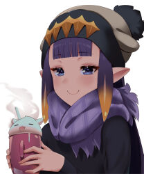 Rule 34 | 1girl, alternate costume, beanie, black shirt, blunt bangs, blush, closed mouth, commentary, cup, drinking straw, english commentary, gradient hair, hat, headpiece, highres, holding, holding cup, hololive, hololive english, long sleeves, looking at viewer, multicolored hair, nano (nanojyaa), ninomae ina&#039;nis, orange hair, pointy ears, portrait, purple eyes, purple hair, purple scarf, scarf, shirt, simple background, smirk, smug, solo, steam, takodachi (ninomae ina&#039;nis), tentacle hair, two-tone hair, virtual youtuber, white background, winter clothes