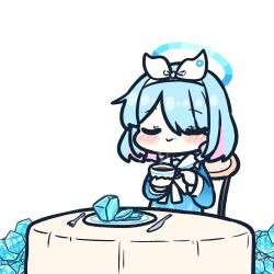 Rule 34 | 1girl, arona (blue archive), blue archive, blue hair, blue skirt, blush stickers, closed eyes, closed mouth, colored inner hair, cup, fork, gem, hair over one eye, hairband, halo, holding, holding cup, knife, long sleeves, multicolored hair, piki (itpiki), pink hair, plate, pyroxene (blue archive), skirt, solo, table, white background, white hairband