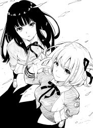 Rule 34 | 2girls, absurdres, black hair, blonde hair, breasts, buttons, closed mouth, fqnrxj, greyscale, hair ribbon, highres, inoue takina, light smile, looking at viewer, looking up, lycoris recoil, lycoris uniform, medium breasts, monochrome, multiple girls, nishikigi chisato, open mouth, pleated skirt, purple eyes, red eyes, ribbon, screentones, shadow, short hair, simple background, skirt, smile, v, white background