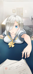 Rule 34 | &gt;:o, 10s, 1girl, :o, blue eyes, blurry, breast rest, breasts, comah, couch, depth of field, door, hair ornament, hair over one eye, hairclip, hamakaze (kancolle), indoors, kantai collection, large breasts, looking at viewer, neckerchief, no gloves, no legwear, open mouth, papers, pleated skirt, school uniform, serafuku, short hair, silver hair, skirt, solo, table, v-shaped eyebrows, yellow neckerchief