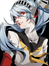 Rule 34 | 1girl, absurdres, android, black background, black sailor collar, blue hair, grin, hair between eyes, high ponytail, highres, labrys (persona), long hair, looking at viewer, neckerchief, persona, persona 4, persona 4: the ultimate in mayonaka arena, pertex 777, ponytail, red eyes, sailor collar, school uniform, shirt, short sleeves, simple background, smile, solo, two-tone background, upper body, very long hair, white background, white shirt, yasogami school uniform, yellow neckerchief