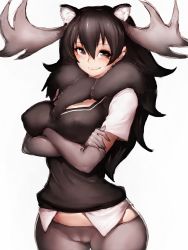 Rule 34 | 10s, 1girl, animal ears, antlers, breasts, brown eyes, cameltoe, commentary, covered erect nipples, crossed arms, elbow gloves, fumio (rsqkr), gloves, grey gloves, hip focus, horns, kemono friends, long hair, looking at viewer, medium breasts, moose (kemono friends), moose ears, pantyhose, simple background, smile, solo, standing, white background, wide hips