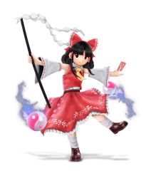 Rule 34 | 3d, absurdres, ascot, black hair, bow, brown eyes, brown footwear, commentary, detached sleeves, english commentary, epic spread, frilled hair tubes, frilled shirt collar, frilled skirt, frills, ggalactigal, gohei, hair bow, hair tubes, highres, holding, light blush, long hair, nintendo, nontraditional miko, ofuda, orb, parody, parted bangs, paw print, paw print pattern, red bow, red shirt, red skirt, shadow, shirt, shoes, sidelocks, skirt, skirt set, smile, socks, solo, standing, standing on one leg, style parody, super smash bros., touhou, transparent background, white sleeves, wide sleeves, wily beast and weakest creature, yellow ascot, yin yang, yin yang orb, zun (style)
