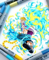 Rule 34 | 1boy, abs, bad source, beard stubble, blonde hair, blue fire, blue sash, blue shorts, chest tattoo, collared shirt, commentary, eastblue 95, english commentary, facial hair, fire, full body, highres, male focus, marco (one piece), marker (medium), one piece, open clothes, open shirt, sandals, sash, shirt, short hair, shorts, smile, solo, stubble, tail, tattoo, traditional media, twitter username, wings