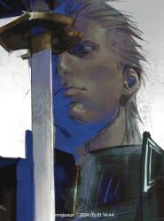 Rule 34 | blue eyes, close-up, closed mouth, devil may cry (series), devil may cry 5, hair slicked back, highres, holding, holding sword, holding weapon, katana, lips, male focus, nose, orr2kln3tjteydj, portrait, realistic, smile, sword, vergil (devil may cry), weapon, white hair, yamato (sword)